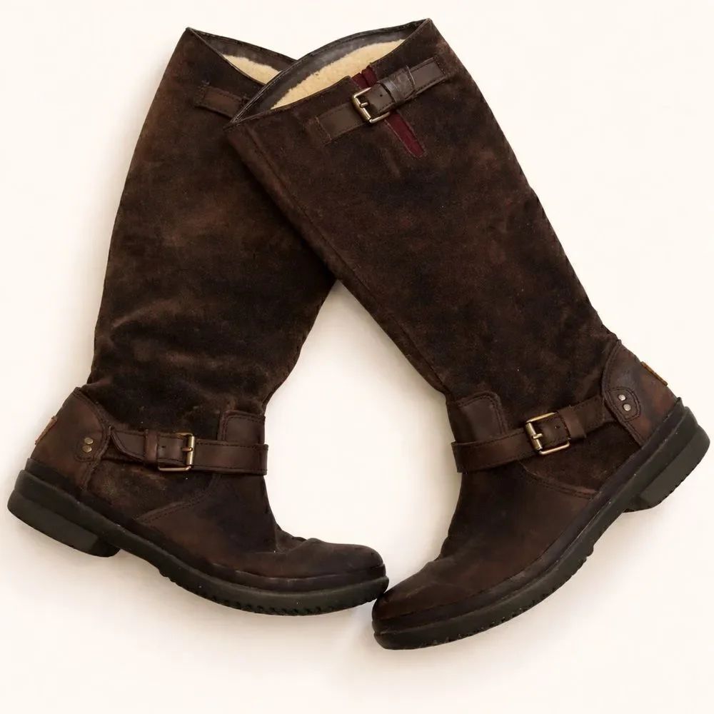 Ugg Thomson dark brown suede leather Moto style boots shearling lined size 6.5